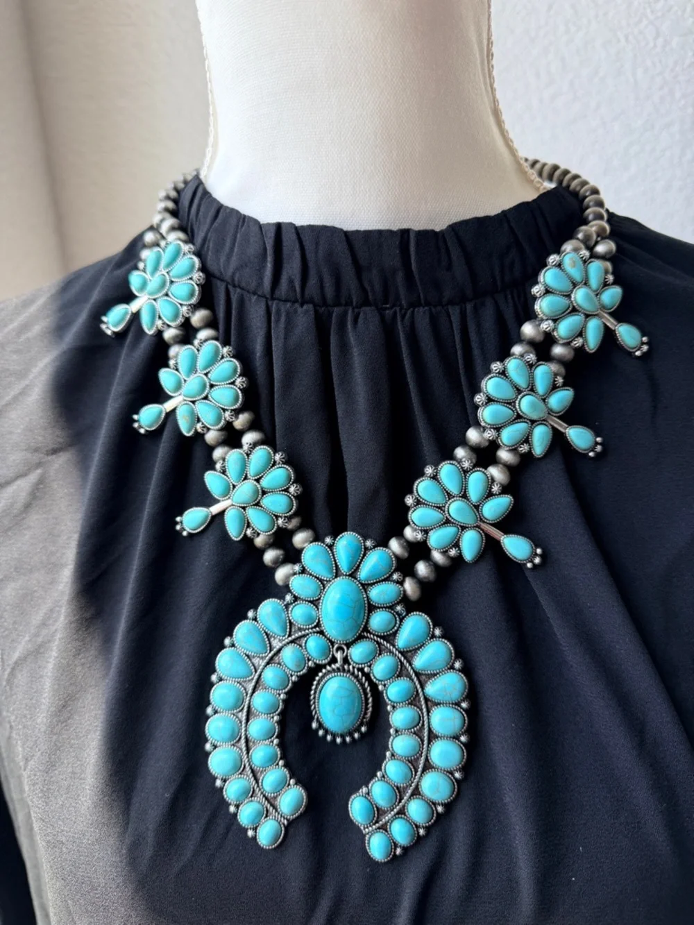 Western Fashion Turquoise Squash Blossom Statement Necklace & Earring Set